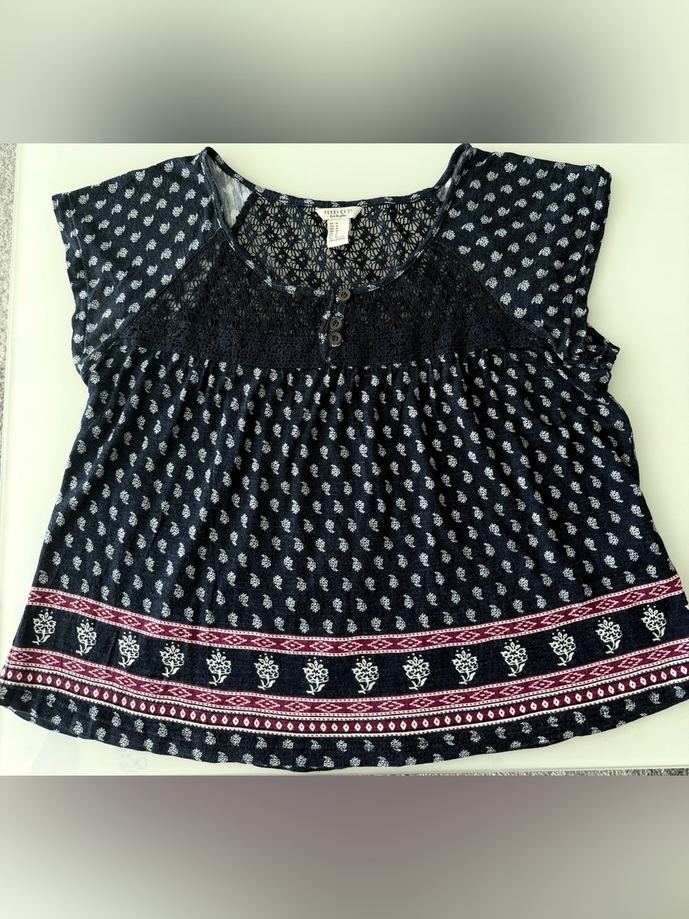 Forever 21 Navy Lace-Yoke Short Sleeve Printed Top with Maroon Border
